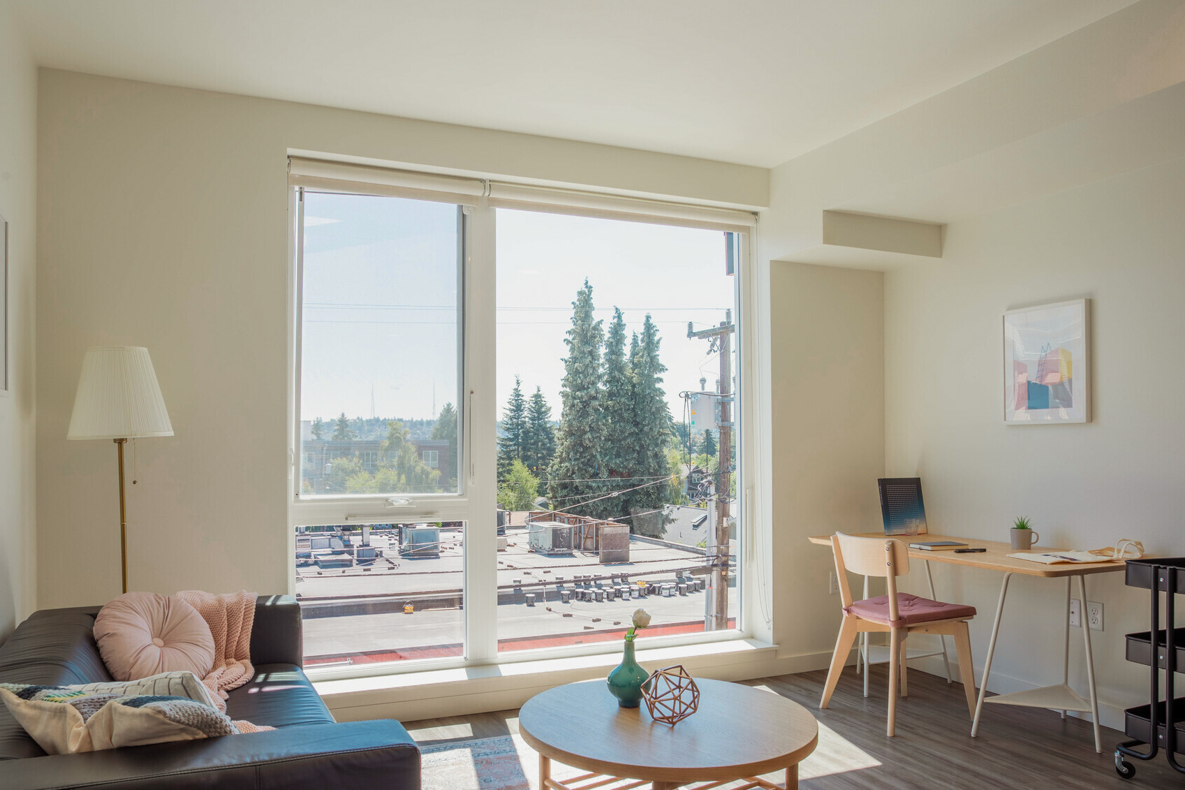 Bright living room with lake-side window