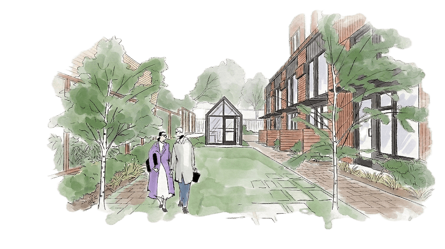 Hand-drawn illustration of Ori Stone Way garden courtyard